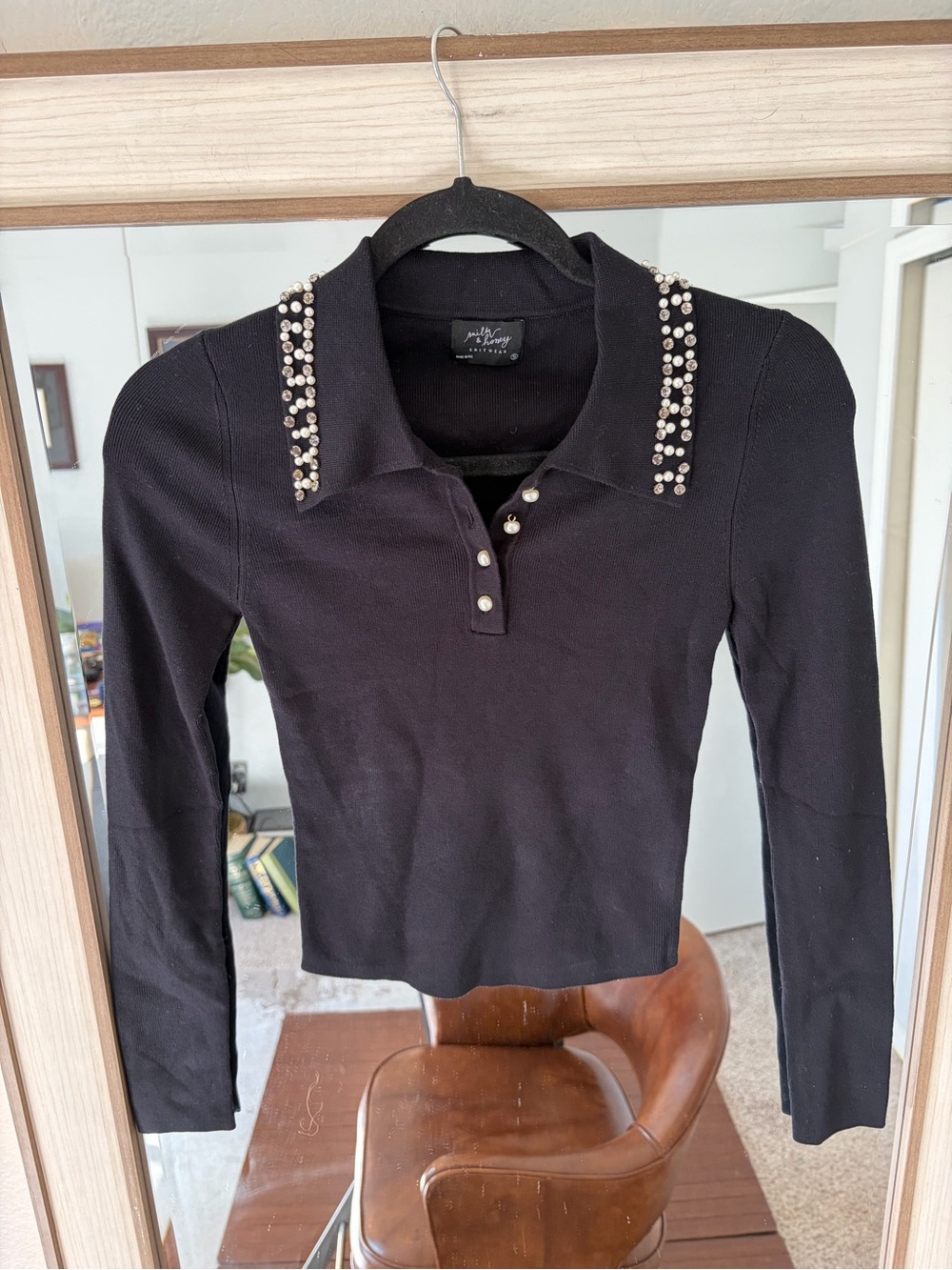 Milk & Honey Long Sleeve Embellished Collard Shirt Diamond and Pearl size Small